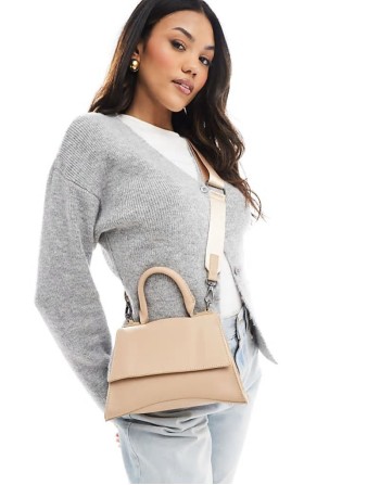 PASQ mini curved bottom grab bag with cross body strap in mocha mousse