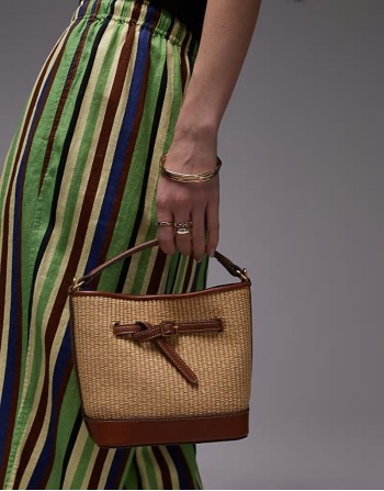 woven structured bucket bag with buckle detail in tan
