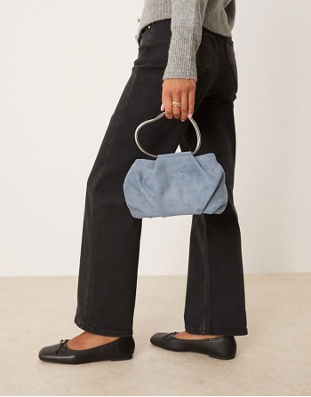 faux suede squiggle metal handle grab bag with detachable chain crossbody bag in dusty blue
