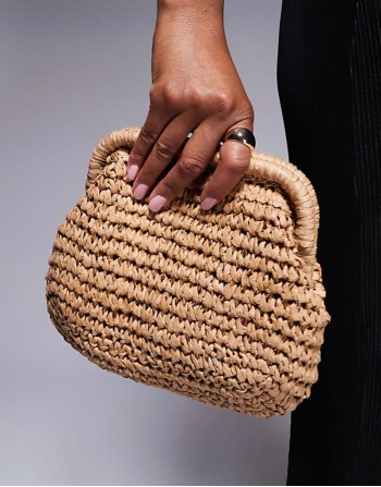 hand crochet straw frame clutch bag with detachable crossbody strap