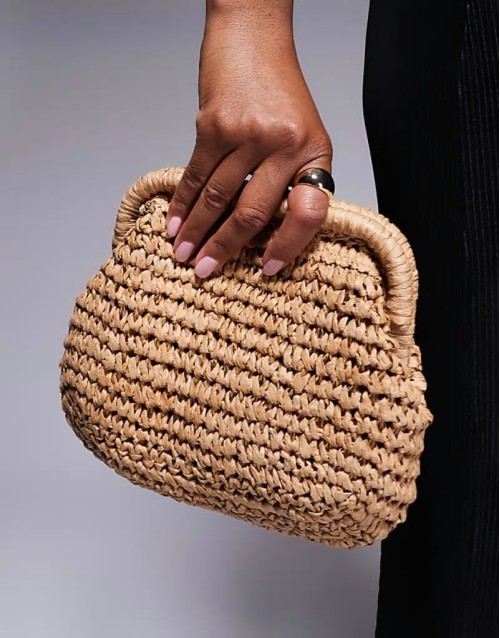 hand crochet straw frame clutch bag with detachable crossbody strap