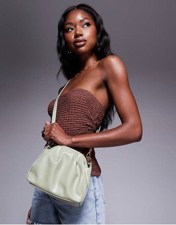 hammered metal top handle grab bag in green with detachable cross body strap