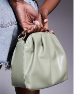 hammered metal top handle grab bag in green with detachable cross body strap
