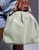 hammered metal top handle grab bag in green with detachable cross body strap