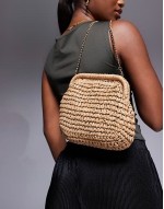 hand crochet straw frame clutch bag with detachable crossbody strap