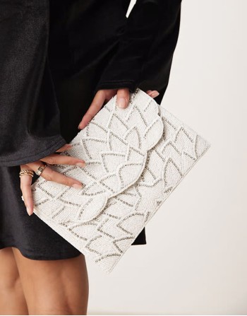 patterned beaded envelope clutch bag in white