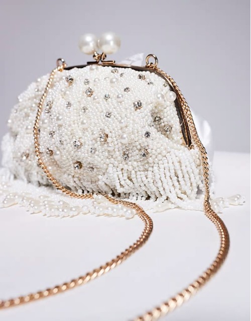 pearl and bead soft clutch bag in white