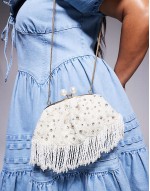 pearl and bead soft clutch bag in white