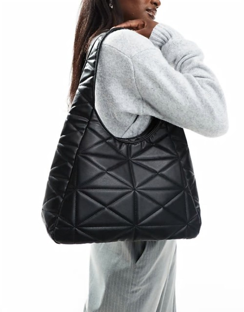 40% New quilted textured shoulder tote bag in black