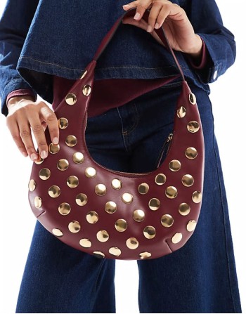 half moon studded shoulder bag in burgundy