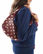 half moon studded shoulder bag in burgundy