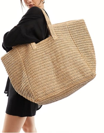 oversized woven shoulder bag in beige