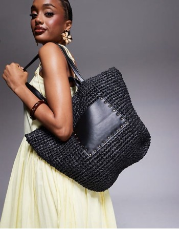 straw shoulder tote bag with PU panel in black