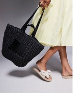 straw shoulder tote bag with PU panel in black