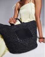 straw shoulder tote bag with PU panel in black