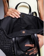 straw shoulder tote bag with PU panel in black