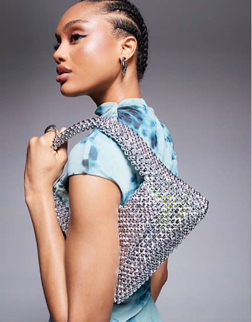 Beaded metallic clutch bag in silver