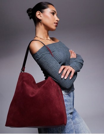 suede tote bag in burgundy
