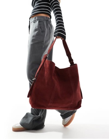 suede tote bag with buckle detail in burgundy