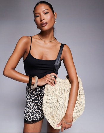 slouch straw tote bag with PU buckle strap in beige