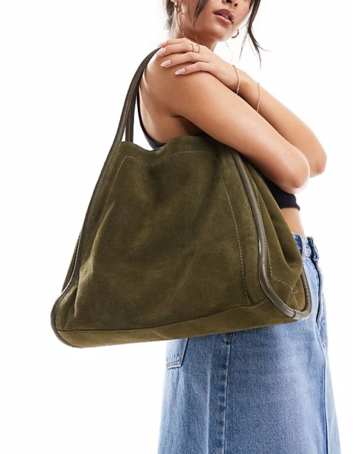 suede tubular tote bag in forest green