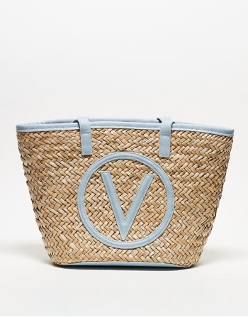 Valentino samuela small straw tote bag in blue