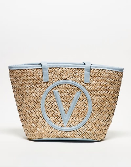 Valentino samuela small straw tote bag in blue