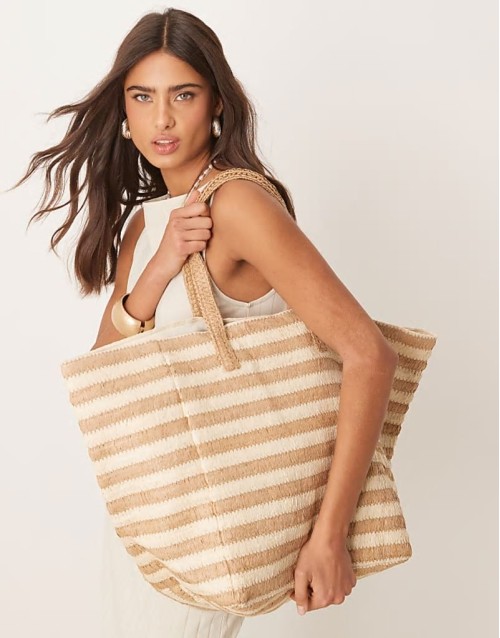 straw oversized tote bag in natural stripe