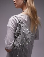 Giami beaded grab bag with satin handle in silver