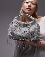 Giami beaded grab bag with satin handle in silver