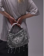 Giami beaded grab bag with satin handle in silver
